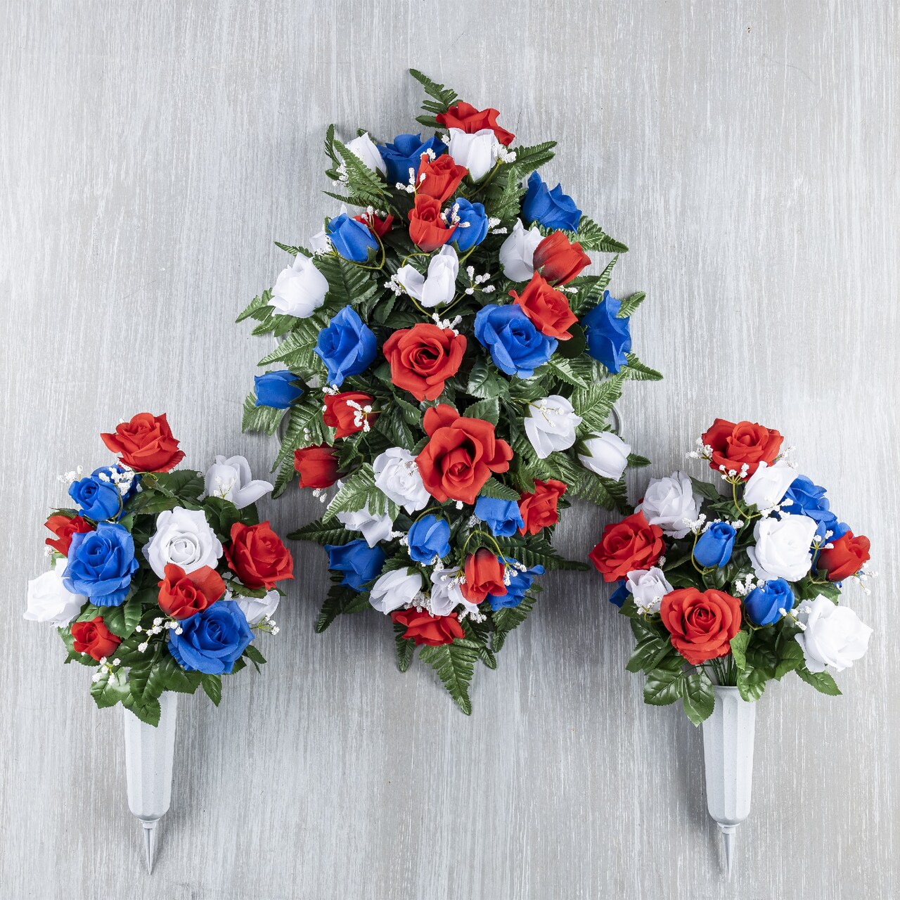 Contemporary Home Living Set of 3 Mixed Red, White and Blue Roses and Buds Memorial Vases and Headstone 12"